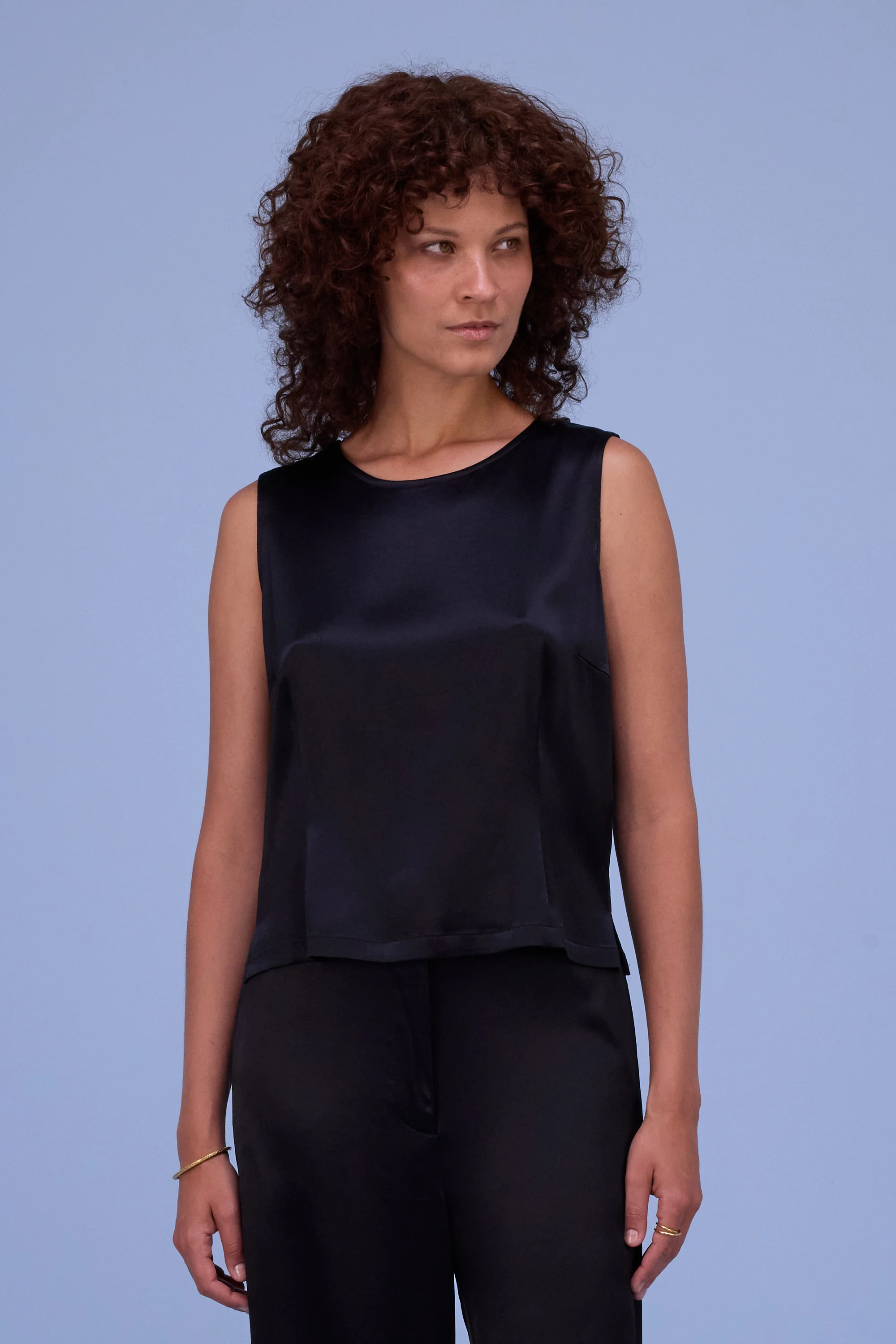 Danielle top in shiny black satin