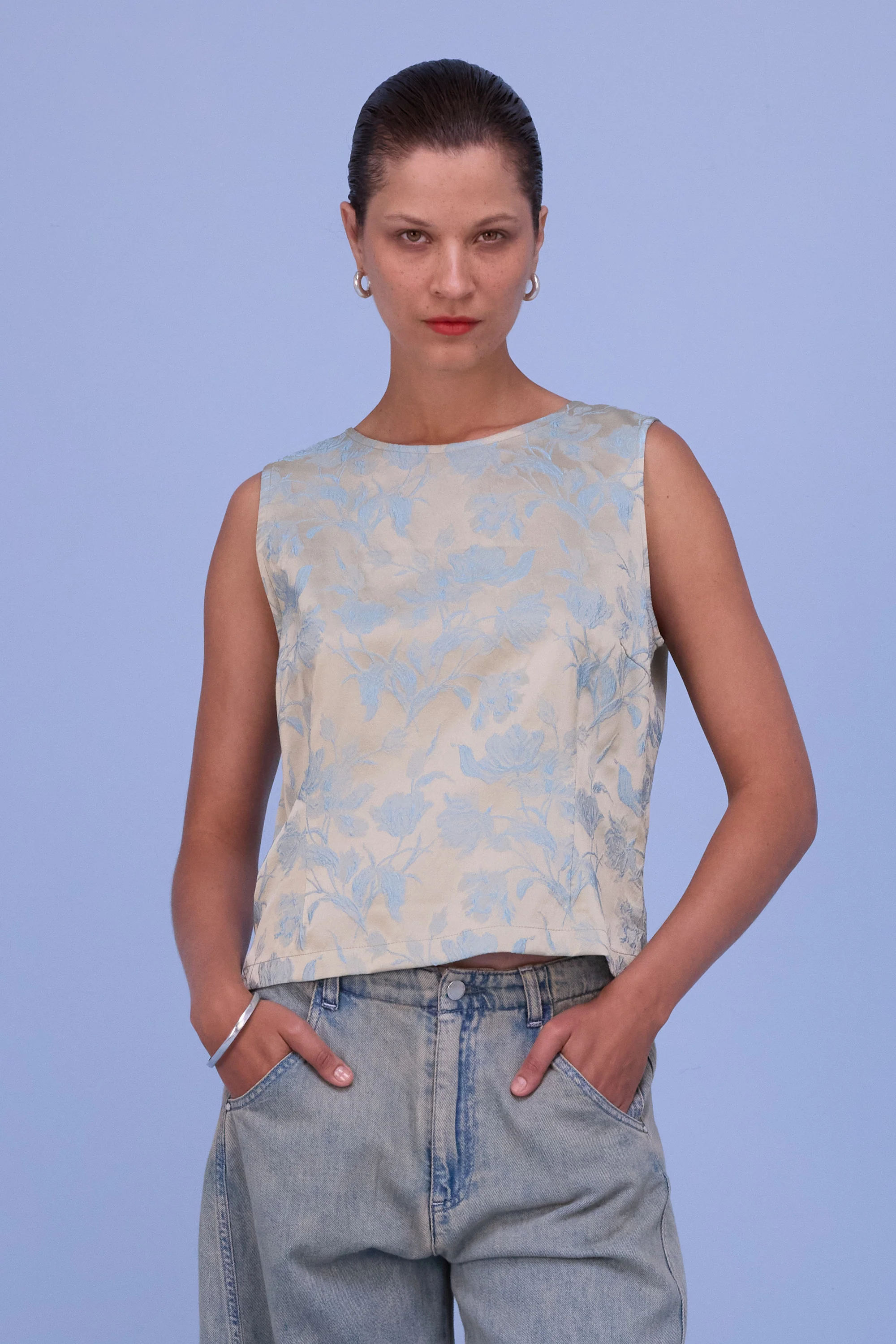 Danielle top in blue glow jacquard