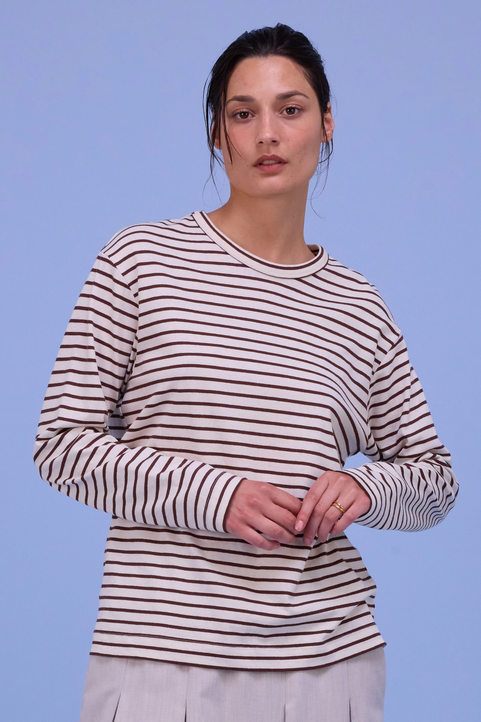 Geoff T-shirt in brown breton stripes - Image 3